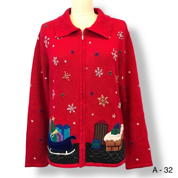 Planet & Company Womens Sz L Ugly Christmas Sweater Cardigan Santa Checking List - Picture 2 of 10